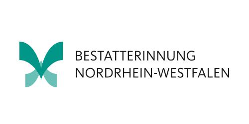 Logo der Bestatterinnung Nordrhein-Westfalen in Grün und Schwarz, bestehend aus stilisiertem Schmetterlingssymbol und Schriftzug.